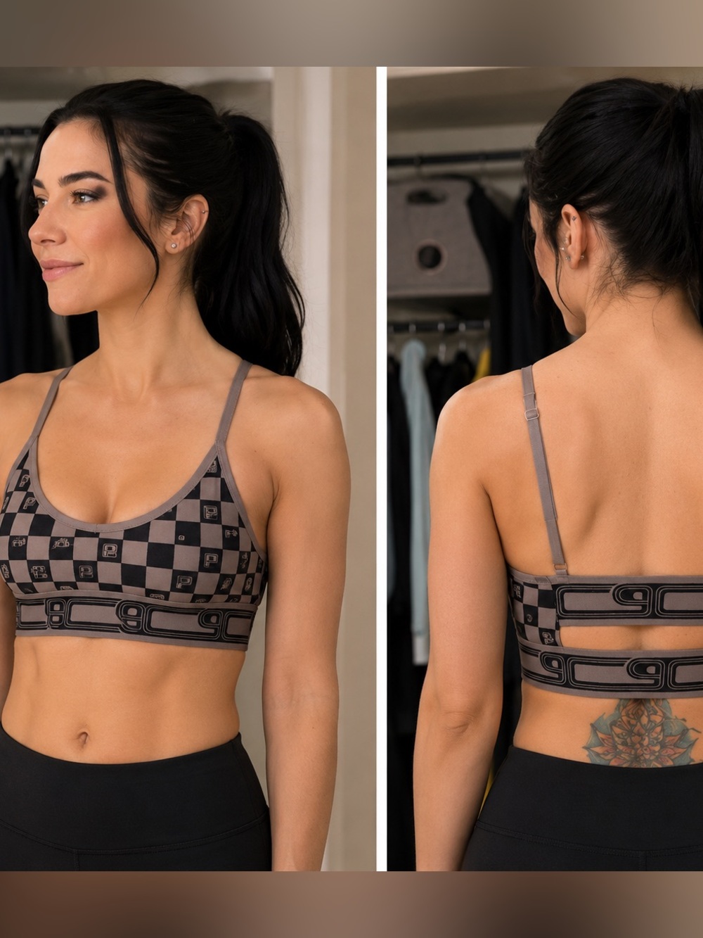 Vintage-Inspired Checkered Strappy Bralette Taupe & Black Size M